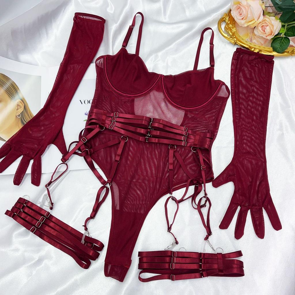 Sexy One-piece Underwear, Fun, Ultra-thin Mesh Straps, Splicing Leg Rings, Gloves, Bra Four-piece Set