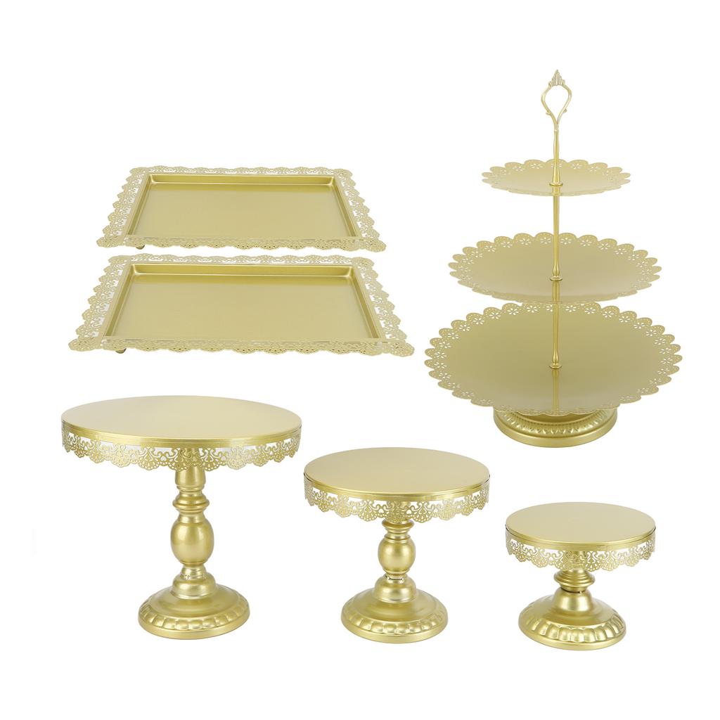 Ensemble de 6 Supports à Gâteaux Dorés en Fer Exquis Rétro Mariage Étages Support à Gâteaux avec Plateaux pour Cupcakes
