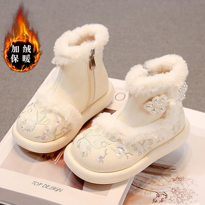 

Girls winter snow boots with fleece lining, warm children s cotton boots, thick fur, ancient style embroidered shoes, girls snow cotton shoes 26Code