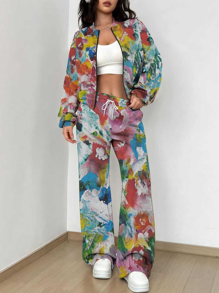 Flame pattern splicing autumn and winter new European and American women's clothing retro pattern printing suit women