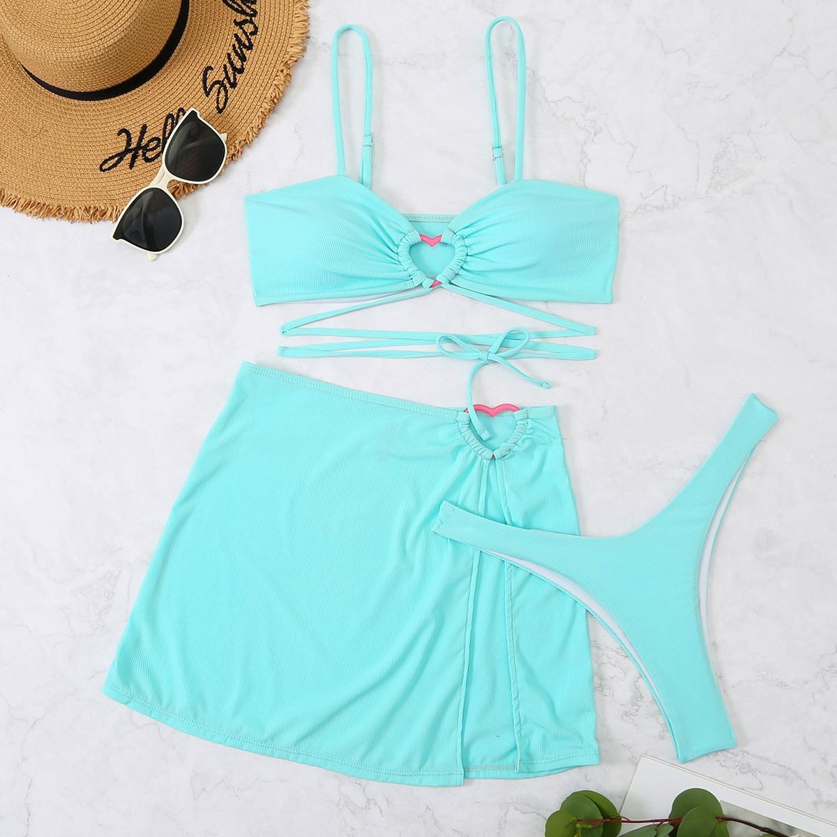 Swimsuit new solid color strap love sexy three-piece skirt bikini swimsuit women S озеро синий