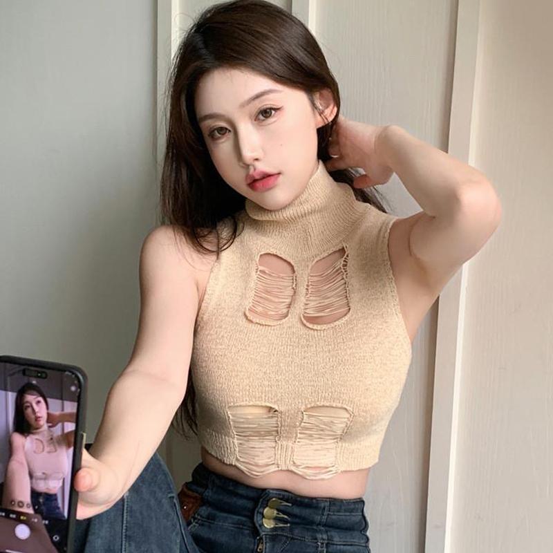 Summer Turtleneck Knitted Vest Women Sexy Hollow Out Sleeveless Slim Tank Top