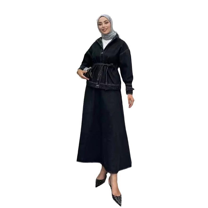 2024 European & American Women's Solid Color Short Top & Denim Long Skirt Two-Piece Set