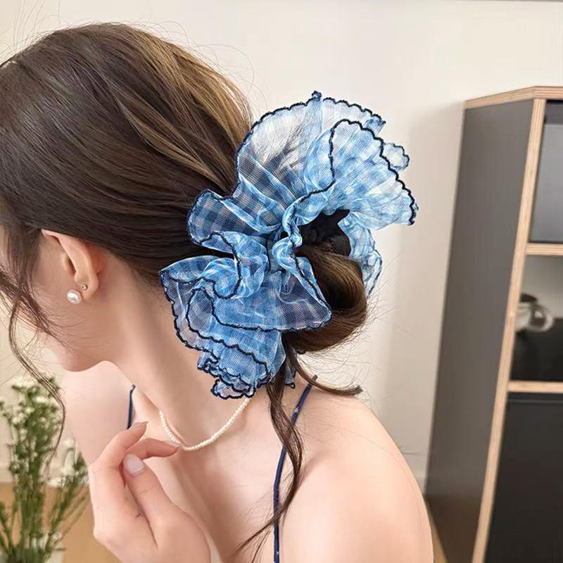 

1 шт. корейская нишевая качественная синяя клетчатая сетчатая резинка для волос с кружевной отделкой, женские высокоэластичные резинки для пучка и хвостика