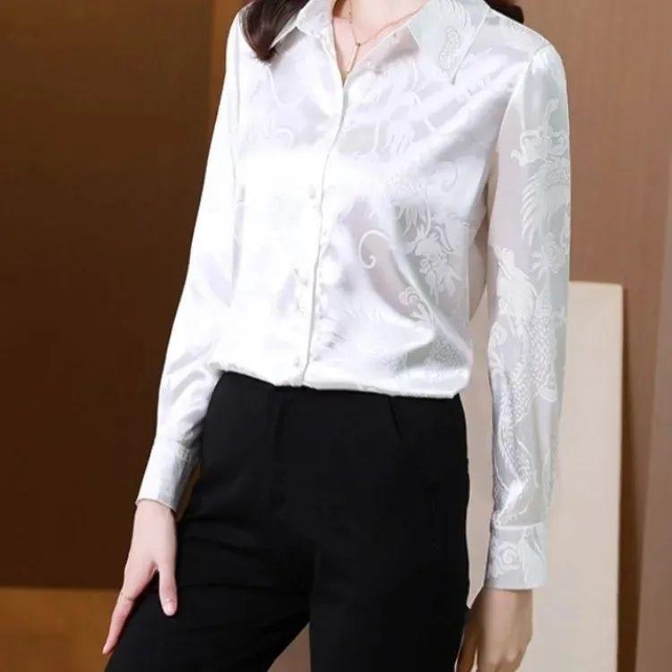 2025 New Style Women's Satin Jacquard Shirt: Fashionable, Versatile Slim Fit Top for Spring & Autumn