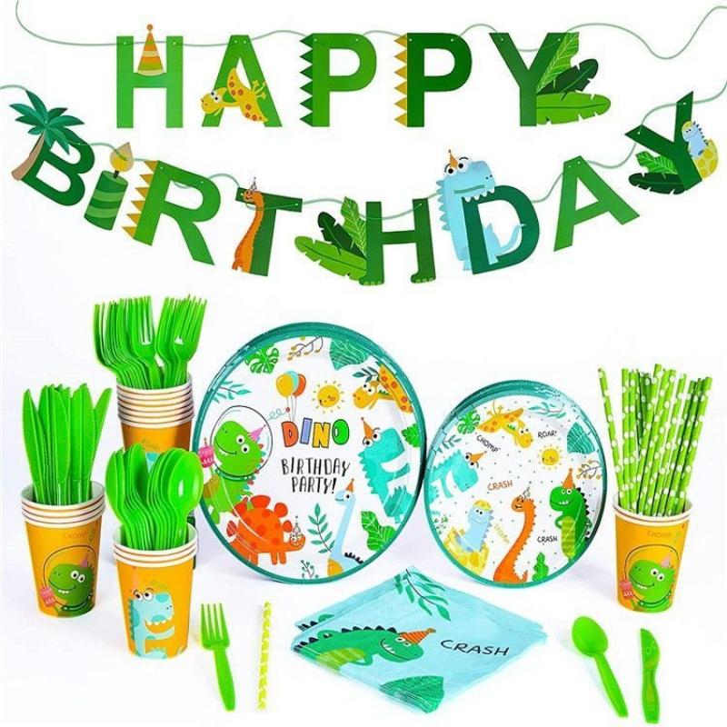 Green Dinosaur-themed Disposable Tableware Set for Children's Birthday Party Scene Decoration Supplies