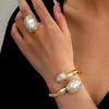 Vintage Baroque Imitation Pearl Jewelry Set for Women Metal Gold Color Open Cuff Bangle and Ring Party Daily Wear Jewelry Gift