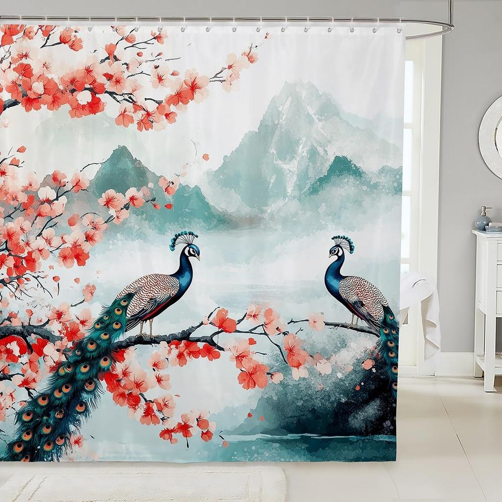 Japanese Style Bathroom Curtain Cherry BlossomShower Curtain for Girls Teen Women,Watercolor Mount Fuji Sakura Animal Aesthetics
