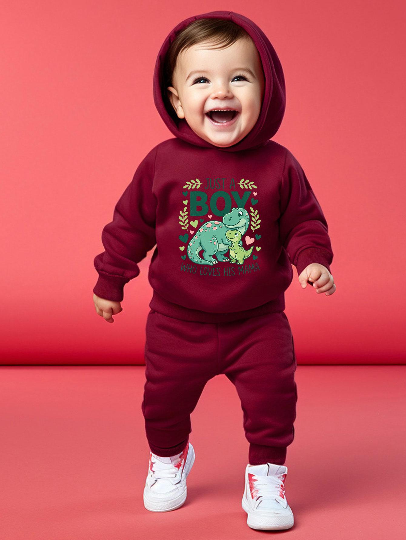 

Baby Boys Two-piece Casual Daily Outfit: Dinosaur Printed Hooded Top with Elastic Waist Cuffed Pants 2-3Y бордовий