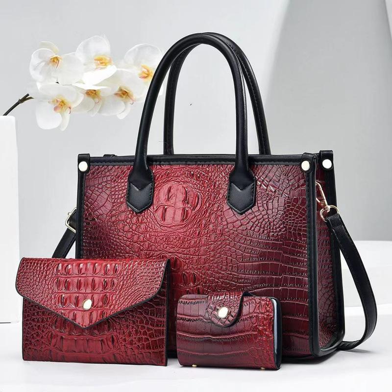 Three Piece Set, Mother Bag, Shiny Leather, Crocodile Pattern, Korean Version, Simple New Style Bag, Crossbody Bag, Big Bag, Women's Handbag