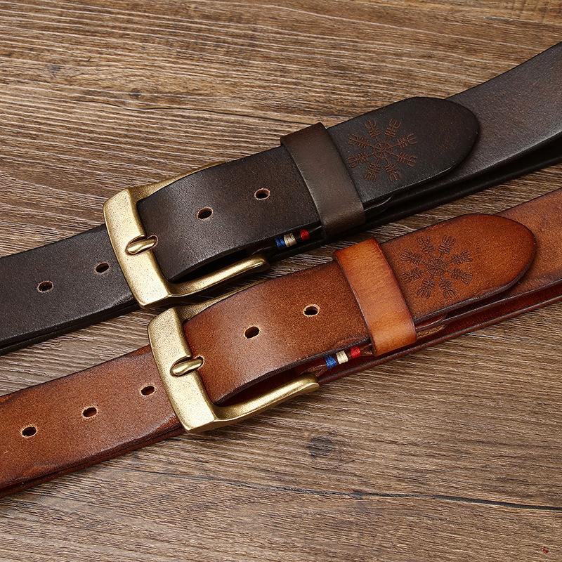Belt Men's Retro Personalized Trendy Laser Engraving Genuine Cattlehide Leather Surface Brass Buckle Men's Jeans Belt Men's