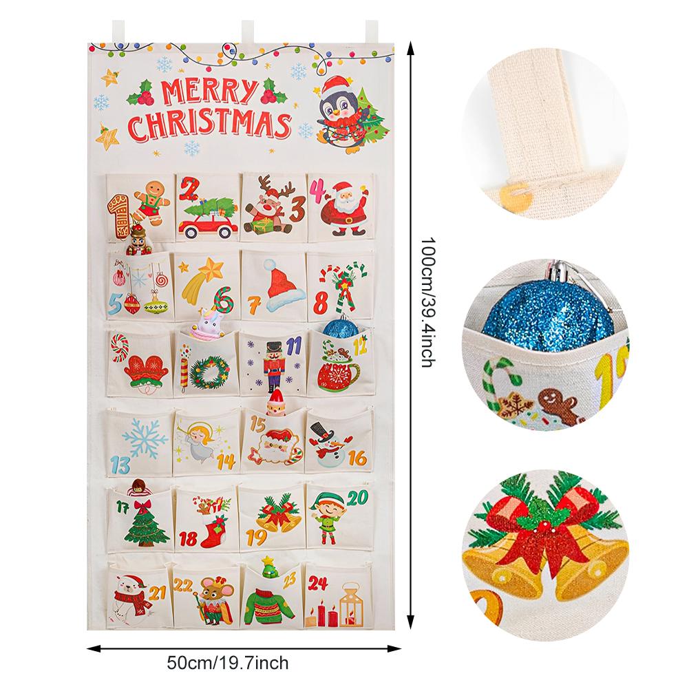 Stoff Weihnachts-Adventskalender Weihnachts-Wanddekoration Wiederverwendbare Wandbehang-Ornamente mit 24 Taschen für Feiertags-Heimdekor
