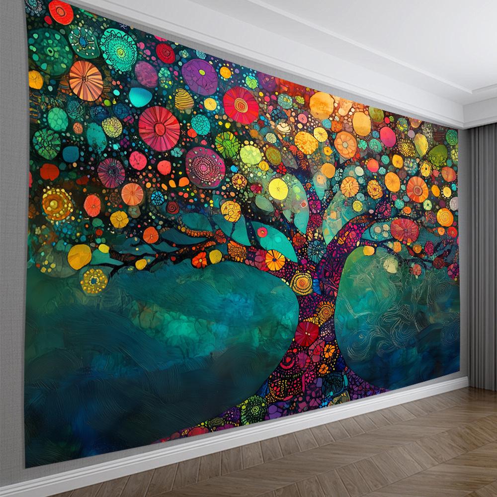 Textilien Unisex Tree Of Life Tapestry, Colorful Abstract Circles And Leaves, Vibrant Boho Wall Art For Living Room Bedroom Home Decor