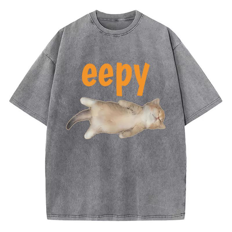 Hip Hop Retro T Shirt Vintage Washed Cotton T-Shirt Fashion Eepy Cat Graphic Tee Casual Streetwear Spring Summer Tee