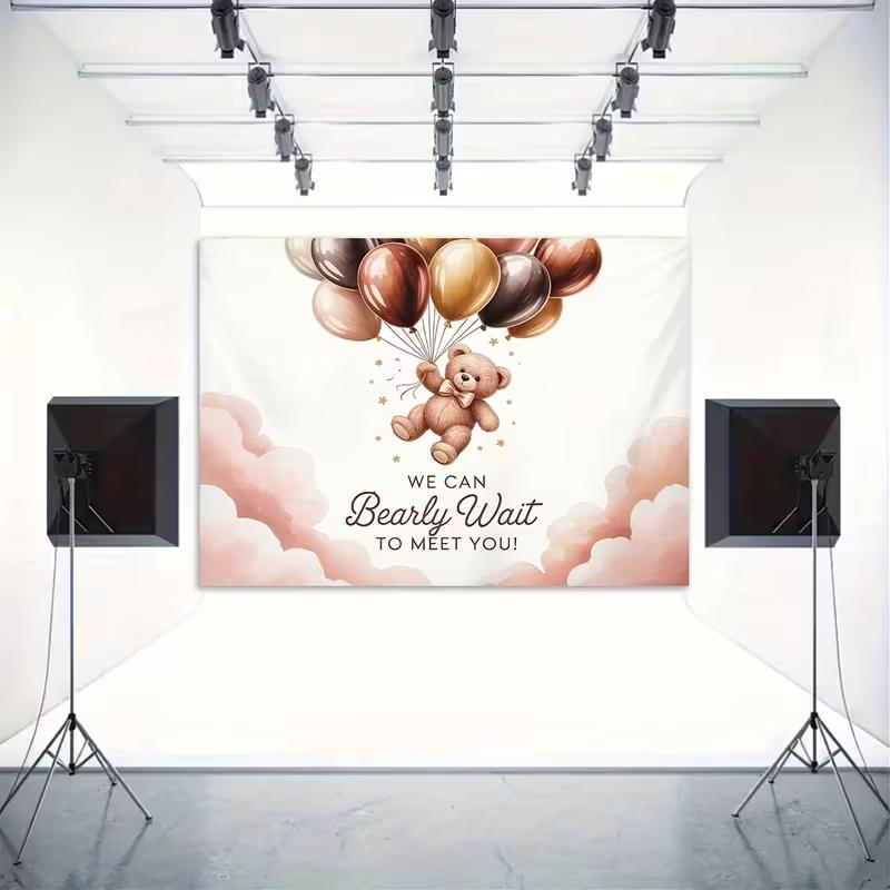 2D Neutral Teddy Bear Baby Shower Backdrop Pink Clouds & Balloons Photo Booth Background