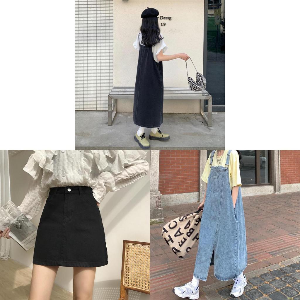Vintage Denim Suspender Skirt With Knitted Fabric For Casual And Travel Wear