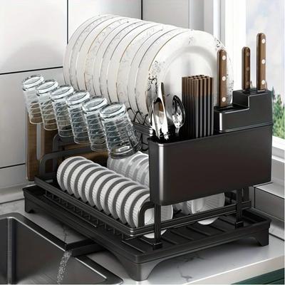 Escurridor de platos de 2 niveles, escurridor de cuencos, escurridor de vajilla, palillos, cuchillos, tenedores, vasos de agua