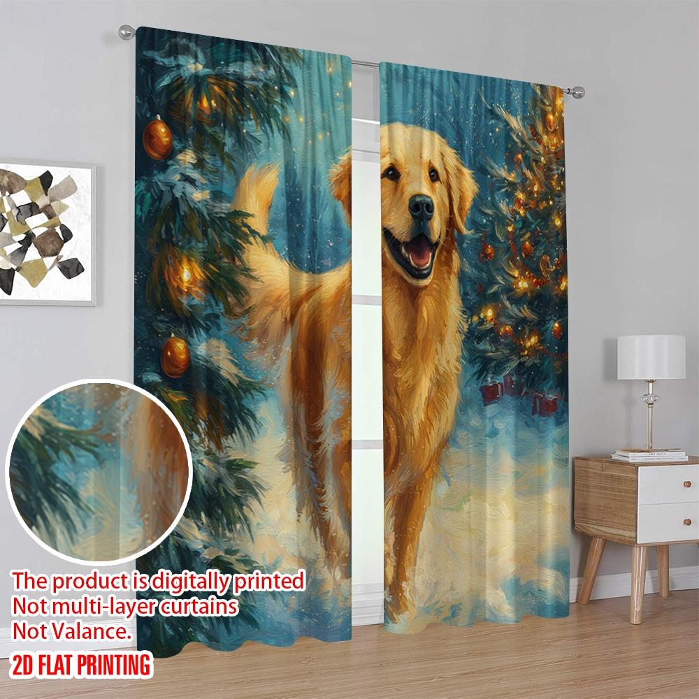 2pcs,2D Plane Printing Creative Curtains Snowy Christmas Scene with Evergreen Trees Versatile Durable Polyester (without Rod)