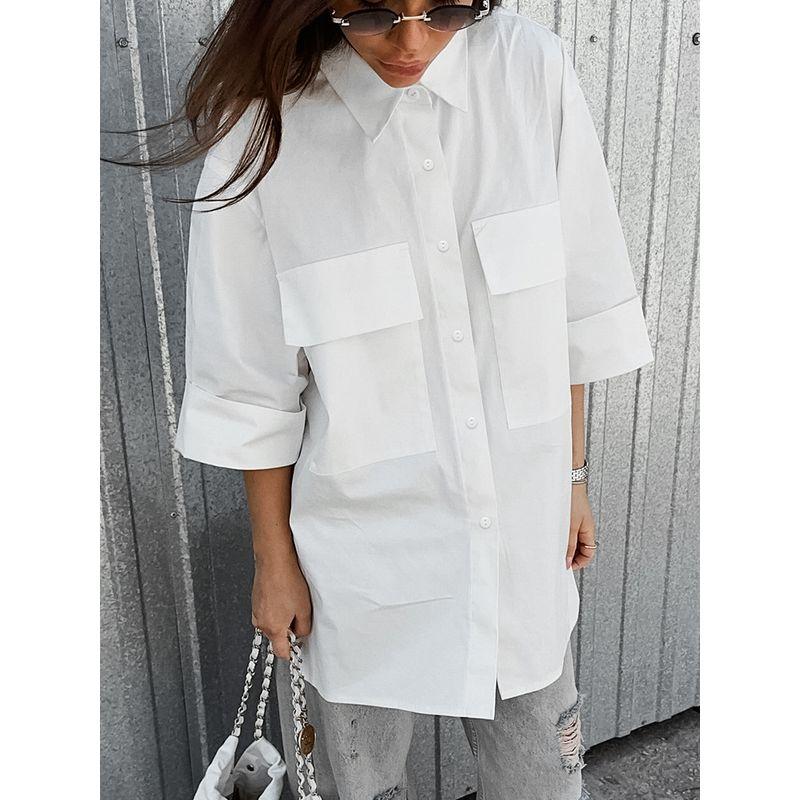 2025 Spring Fashion Blouses Loose Lapels Short Sleeve Pure Color Tops