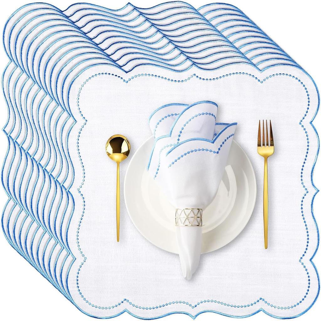 6Pcs Cotton Linen Cloth Napkins Machine Wrinkle Resistance Scalloped Embroidered Cloth Table Napkin for Wedding Holiday Giftable