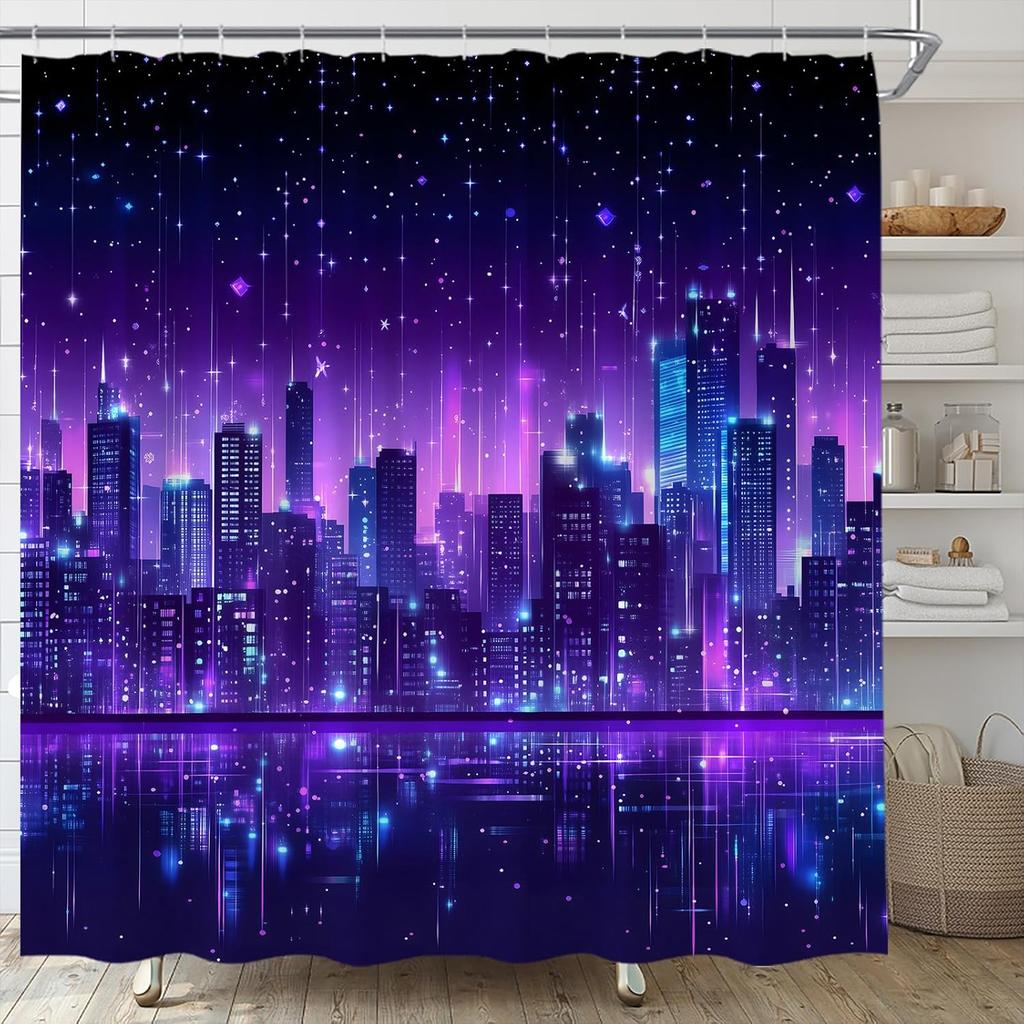 New York Shower Curtain City Night View Cyberpunk Cityscape Skyline Building Scenery Fantasy Bathroom Curtains with Hooks