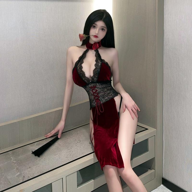 Red Chinese Traditional Cheongsam Dress Sexy Woman Hollow Out Nightdress High Waist Split Embroidery Retro Qipao Skirt Set New