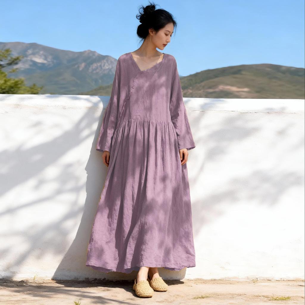 Johnature Women Vintage Dress Spring Chinese Style Solid Color V-Neck Long Sleeve Robes Patchwork Dresses