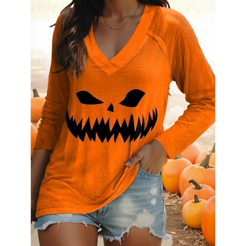 2025 Women's T-Shirts Halloween Ghost Graphic Elegant Vintage Tees Long Sleeve T-shirts V-Neck Regular Tops Casual Pullover