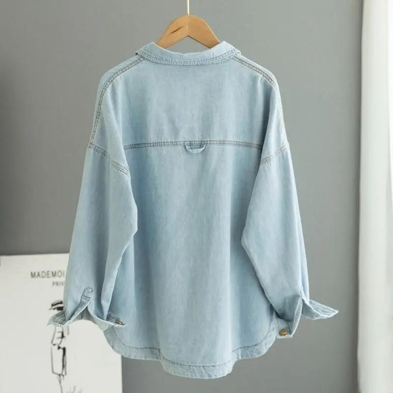 Women's Spring Autumn Denim Shirt Ladies Long Sleeved Lapel Loose Blouse