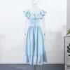 LYRIA Elegant Blue Striped Ruffled Button Long Dress Women Slim Square Neck Sleeveless Party Female Dresses Lady Robe