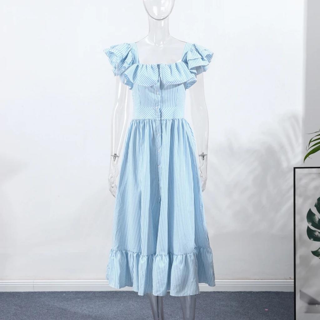LYRIA Elegant Blue Striped Ruffled Button Long Dress Women Slim Square Neck Sleeveless Party Female Dresses Lady Robe