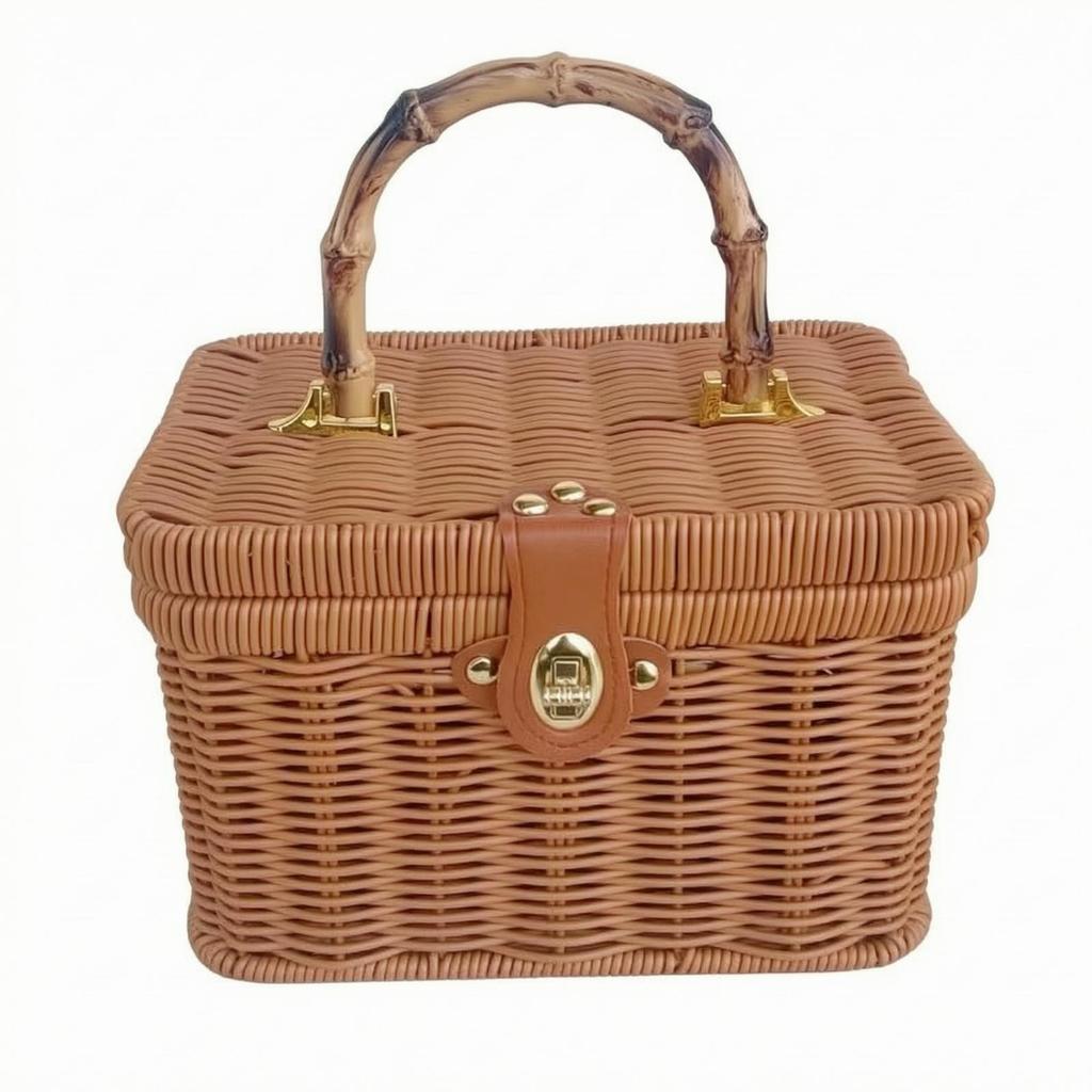 Rectangular Lidded Wicker Basket Sturdy Woven Container with Handle Easy