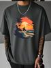 Unisex Summer White Short Sleeve Tee Sunset Surfer Palm Tree Sea Wave Bird Graphic Crew Neck Loose Casual Male Street Tops