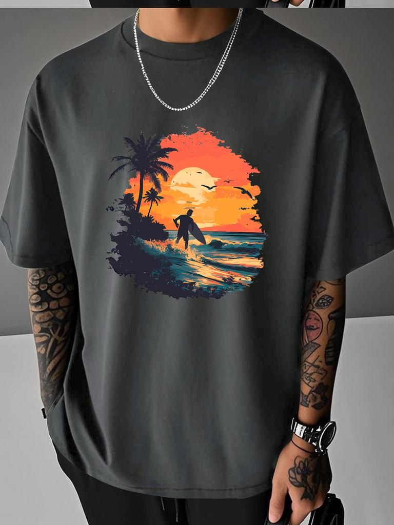 Unisex Summer White Short Sleeve Tee Sunset Surfer Palm Tree Sea Wave Bird Graphic Crew Neck Loose Casual Male Street Tops