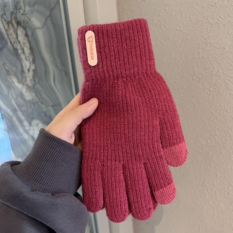 Women's winter touch screen gloves, piled and thickened warm cycling cold-proof wool knitted outdoor men's five-finger gloves