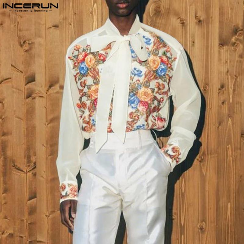 INCERUN Elegant Men Bow Tie Long Sleeve Printing Casual Loose Shirts Tops