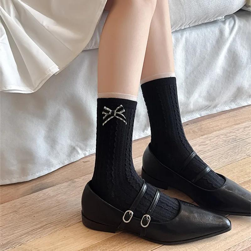 Polka Dot Socks Women Cute Bow Lolita Sweet Girls Lolita Kawaii Lace Ruffle Socks JK Japanese Style Girls Black White Long Socks