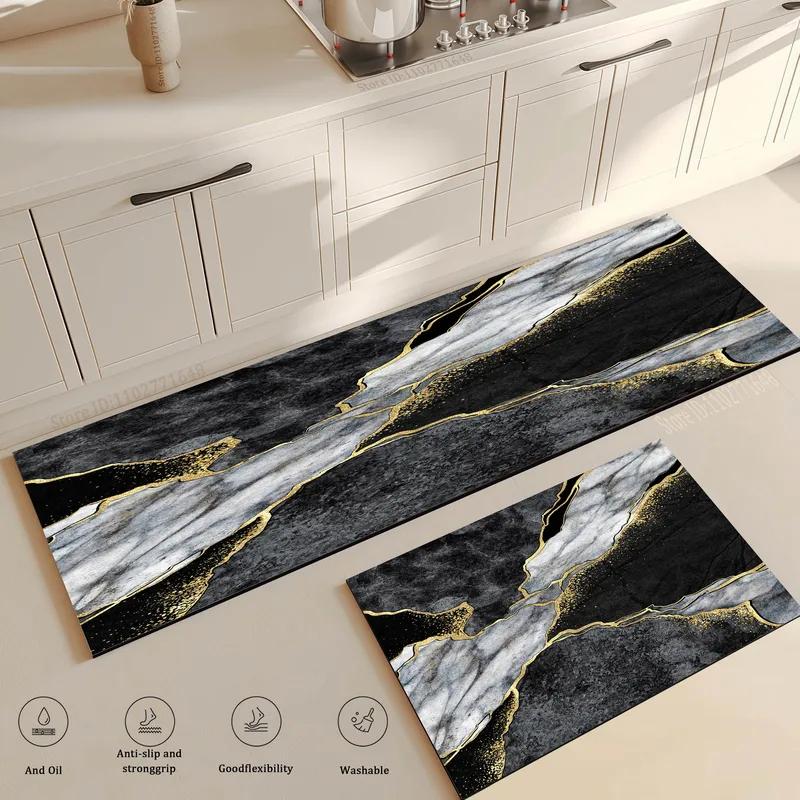 Luxury Black Gold Marble Kitchen Runner Rug Anti-slip Oil-resistant Washable Mat for Kitchen Sink Laundry Room