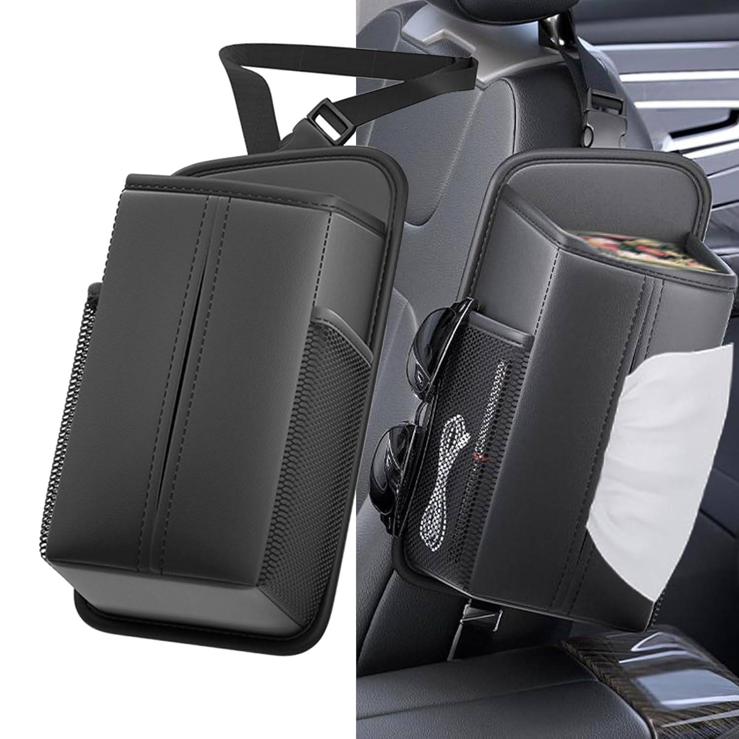Car Tissue Car Tissue Hanging Tissue Seatside Tissue PU Leather with Sunglasses Large Storage for Small Car Accessories Case, Holder, Case, Holder, чёрный