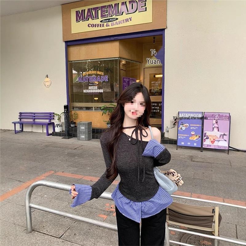 

Вязаный женский топ с открытыми плечами и халтер-горловиной - корейский стиль, короткий рукав, для осени/зимы Medium темно-серого