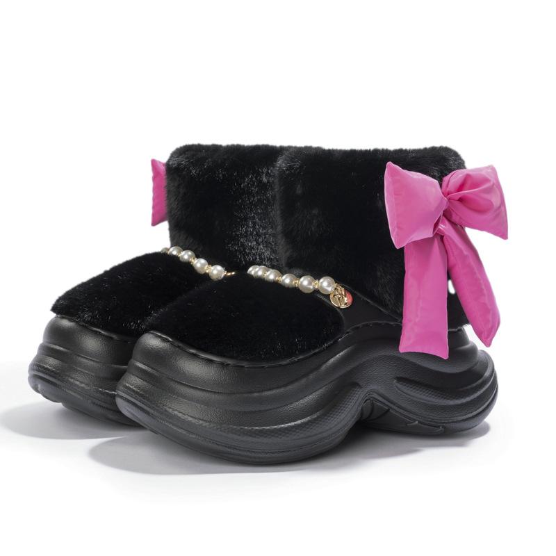 

Новые туфли из шерстяного хлопка на высокой платформе с жемчужной цепочкой и бантом, зимние, на толстой подошве, с бархатной подкладкой для тепла, нескользящие, сноубутсы 40-41 чёрный