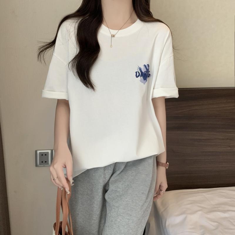 

Pure cotton Guochao T-shirt women s short-sleeved design sense niche loose summer Hong Kong style chc American retro white top XXXL