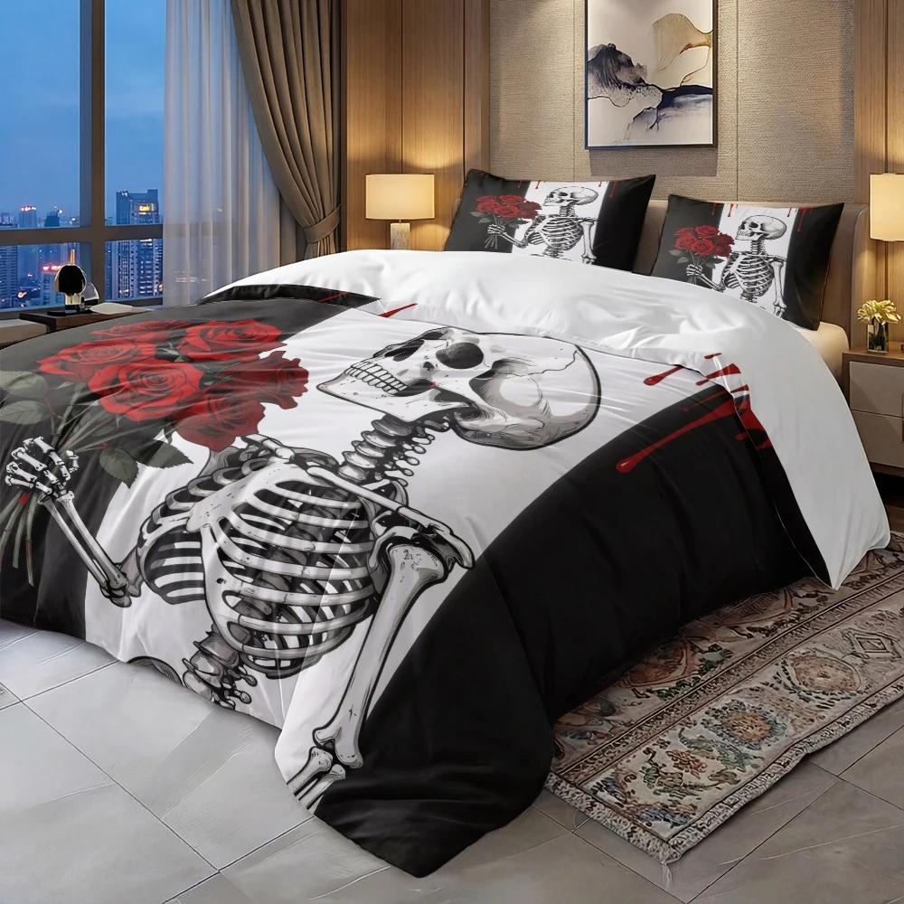 3 Piece Set Skeleton Holding Rose In Hand Valentine's Day Quilt Set,Including 1 Duvet Cover and 2 Pillowcases(excluding Padding)