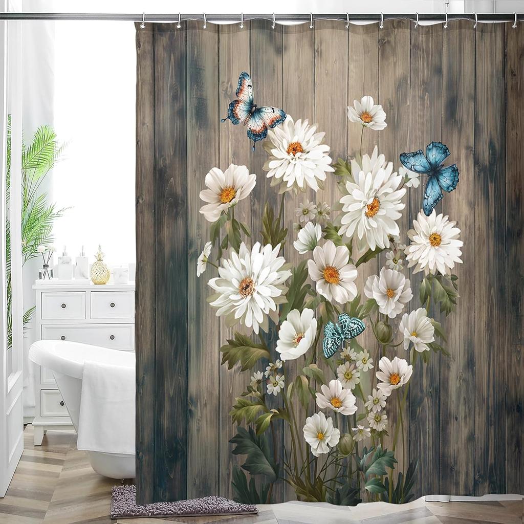 Cottage Floral Shower Curtain - Pink/Lavender Butterfly Design, Waterproof Washable Fabric, with Hooks, Modern Farmhouse Decor