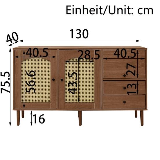 Country Style Sideboard with Rattan Doors, 130 x 75.5 x 40cm Magnetic Lock, Adjustable Shelves, Sturdy Structure, Versatile