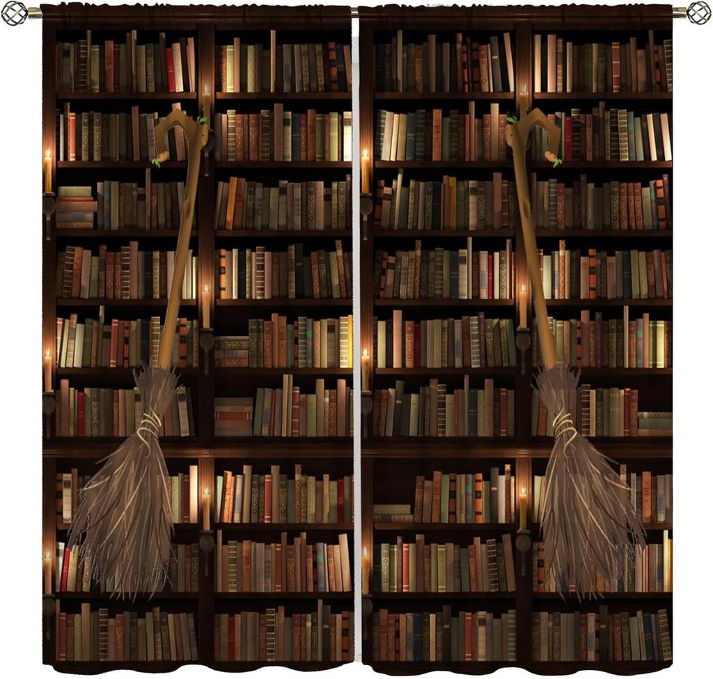Gothic Bookshelf Curtain Antique Bookcase Spooky Skull Magic Book Halloween Themed Decor Window Kids Teens Adults Curtains Made Of Polyester