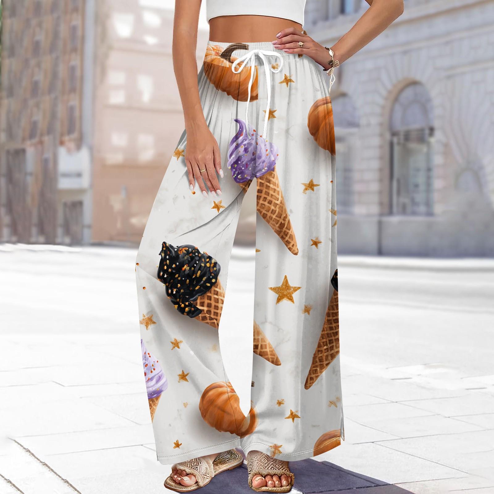 

Women s Casual Fashion Halloween Print Elastic Waist Drawstring Pockets Wide Leg Straight Trousers XXL белый
