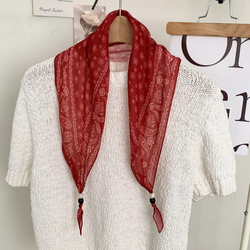 New high-end bohemian retro floral wood bead silk scarf women's tie headband small scarf belt accessories