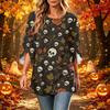 Women's Halloween Printed Casual Loose Fit Top with Round Neck and Three-Quarter Sleeves