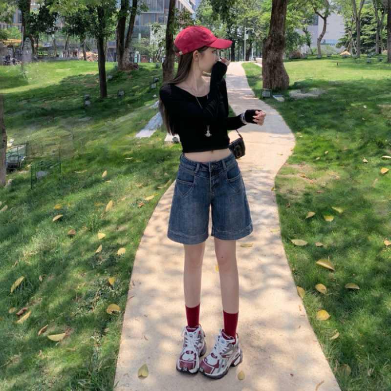 American Retro High-Waisted Loose Straight-Leg Denim Shorts - Versatile Summer Style XS